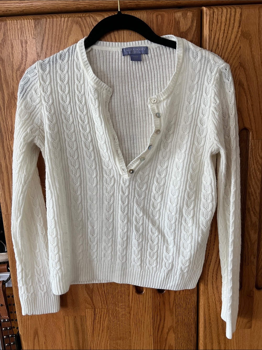 Laura Scott petite cable knit cream colored Henley sweater button front top